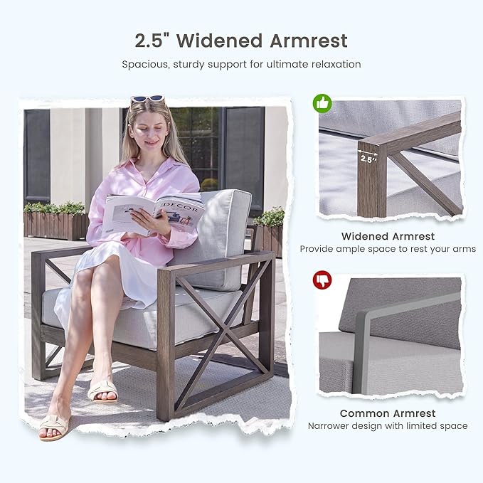 UDPATIO 5 Piece Aluminum Patio Furniture Set with Fire Pit Table, Faux Wood Patio Conversation Set with 6" Olefin Cushions, Aluminum Outdoor Furniture, 600D Waterproof Cover Included, Light Grey