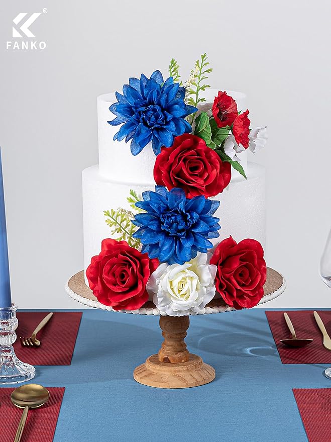 FANKO Artificial Flower Memorial Day Flowers, Mixed Red Blue White Silk Flowers Bouquet Fake Rose Blue Dahlia for Veterans Day Independence Day Grave Patriotic Decor