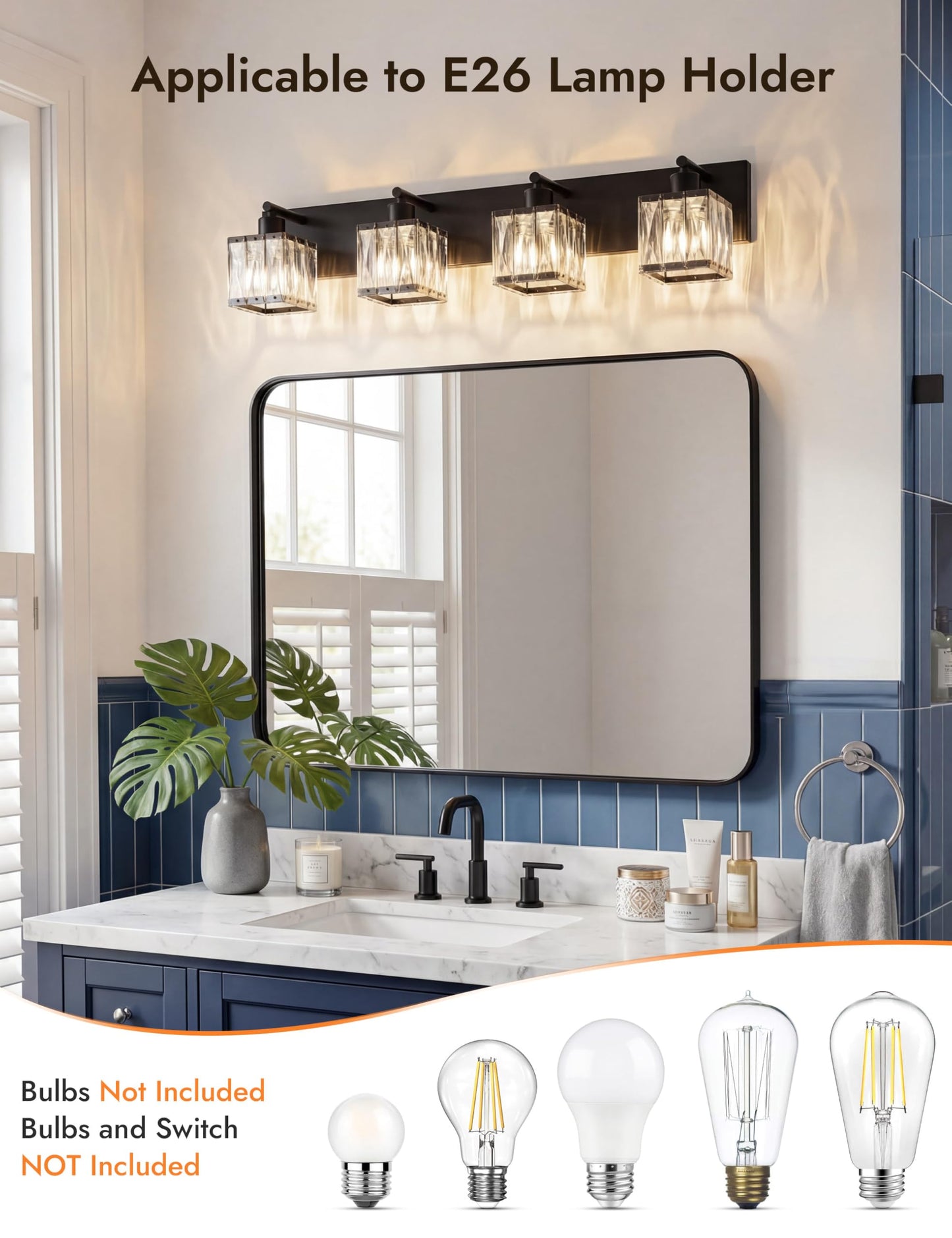 VOLISUN Black Bathroom Light Fixtures, Modern Bathroom Lighting Fixtures Over Mirror, 4 Light Bathrooms Vanity Light, Crystal Vanity Light for Bathrooms-UL Certificated(Exclude Bulb)