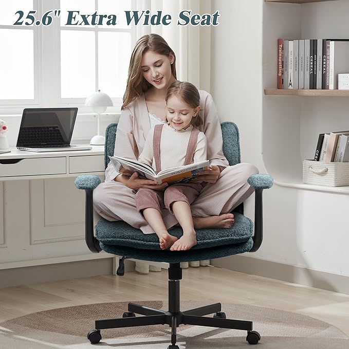 Kassipo Criss Cross Legged Office Chair with Wheels and Flip-Up Arms, Upholstered Criss Cross Desk Chair, Wide Seat Chairs for Home Office, Vanity, Apartment, Green