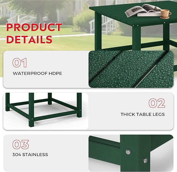 Costaelm Patio Conversation Set, Patio Chairs Set of 5 Balcony Firepit Furniture Outdoor Adirondack Square Table and Chair Backyard Furniture Set for Lawn Porch Pool Garden, Dark Green