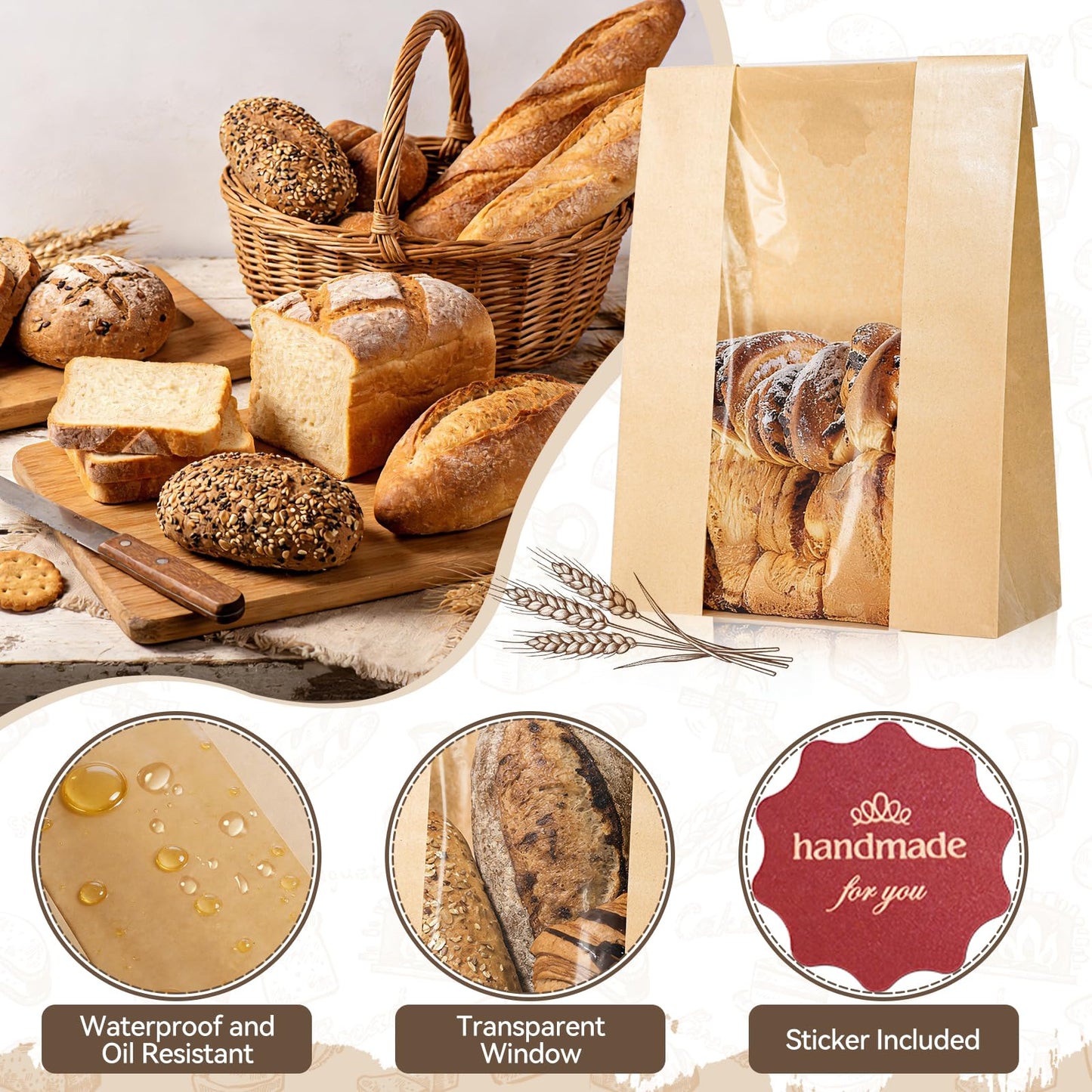 25 Pcs Bread Bags for Homemade Bread, Paper Sourdough Bags with window, Large Bakery Loaf Bag with Stickers for Cookies, Popcorns, Hamburgers (25, 14.2"x8.3"x3.6")