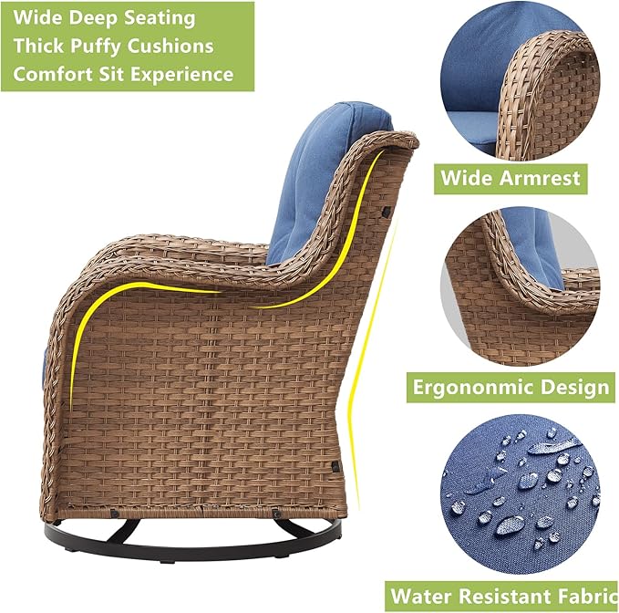 Rilyson Patio Chairs Wicker Outdoor Chair - 4 Piece Rattan Swivel Rocking Chairs Set Patio Glider Rocker Chair for Porch Deck Garden Backyard(Yellow/Blue)