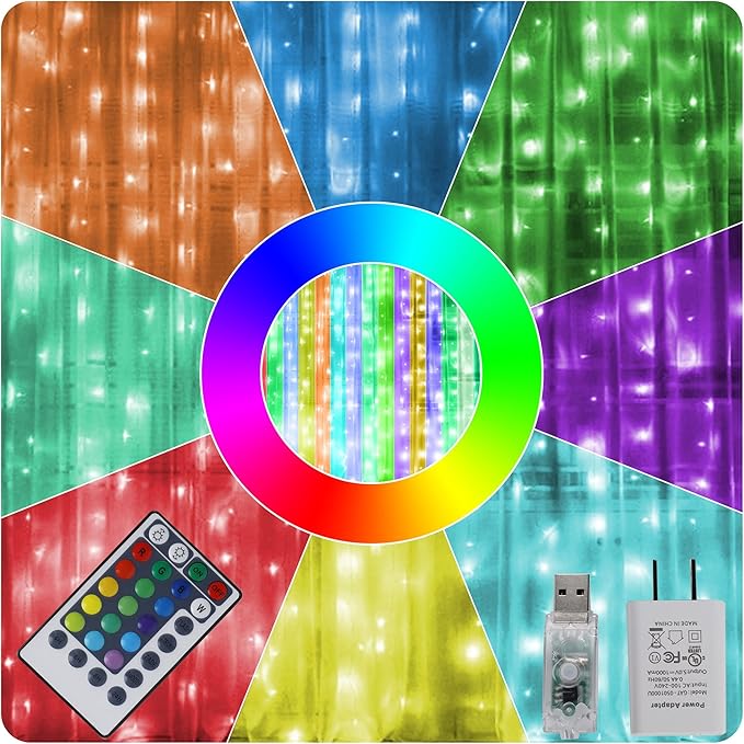 HOME LIGHTING Window Curtain String Lights, 300 LED RGB 16 Colors Changing Fairy Lights, 4 Modes with Remote, USB & Adapte...