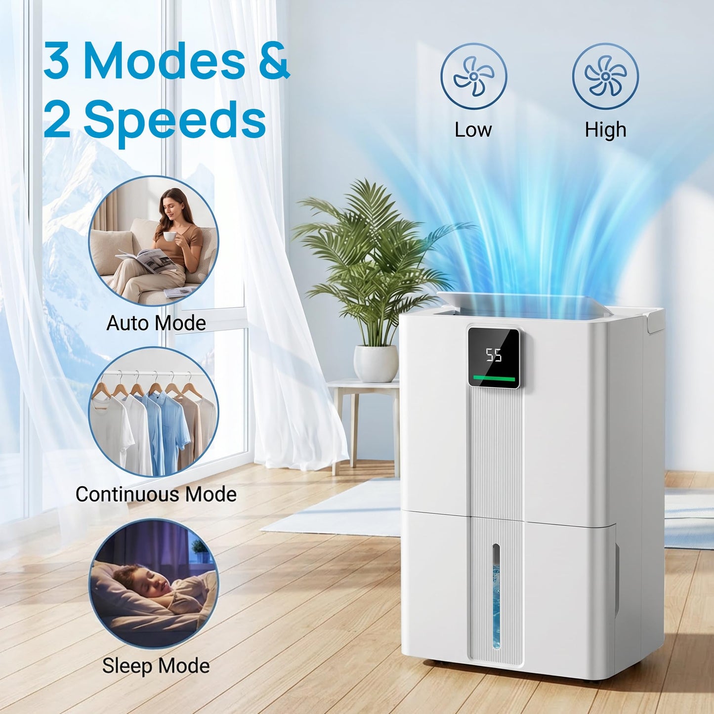 Uthfy 6000sq.ft Large Dehumidifier for Basement, Max 100 Pints Dehumidifiers with Drain Hose, 5.5Gal Detachable Water Tank, 2 LED & 3 Colors Display, Child Lock, Wheels&Handle for Whose House, Bedroom
