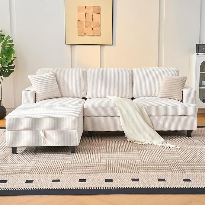 90" L Shaped Modular Sectional Sleeper Sofa, Soft Corduroy Sectional with Armrests, 2 Cup Holders & 2 USB Ports, 21" Deep Seat Cloud Couch for Living Room, Bedroom Office (White, 3 Seat + 1 Ottoman)