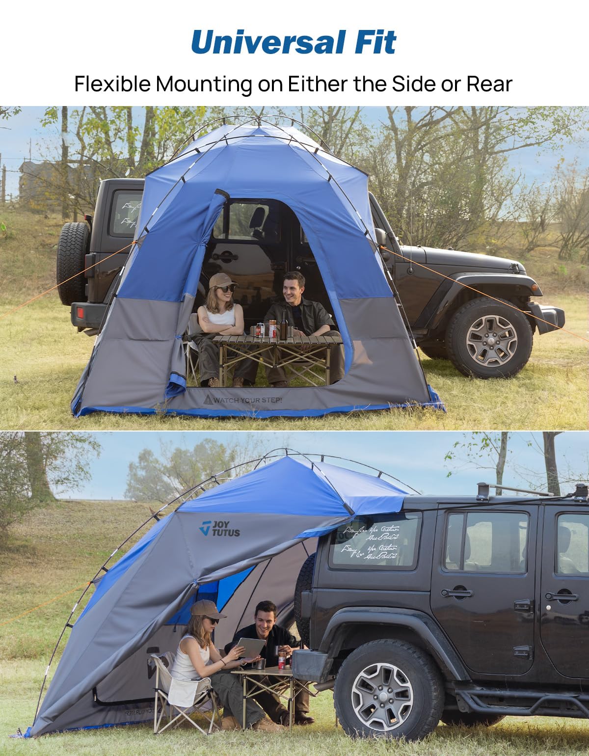 JOYTUTUS Car Shelter with Full-Coverage Sunshade for Side or Rear, Universal Mount Vehicle Awning and Car Camping Tent, Easy Set-up Buckles, Roll up Sides and Windows, UV50+, Rainproof, Gray Blue