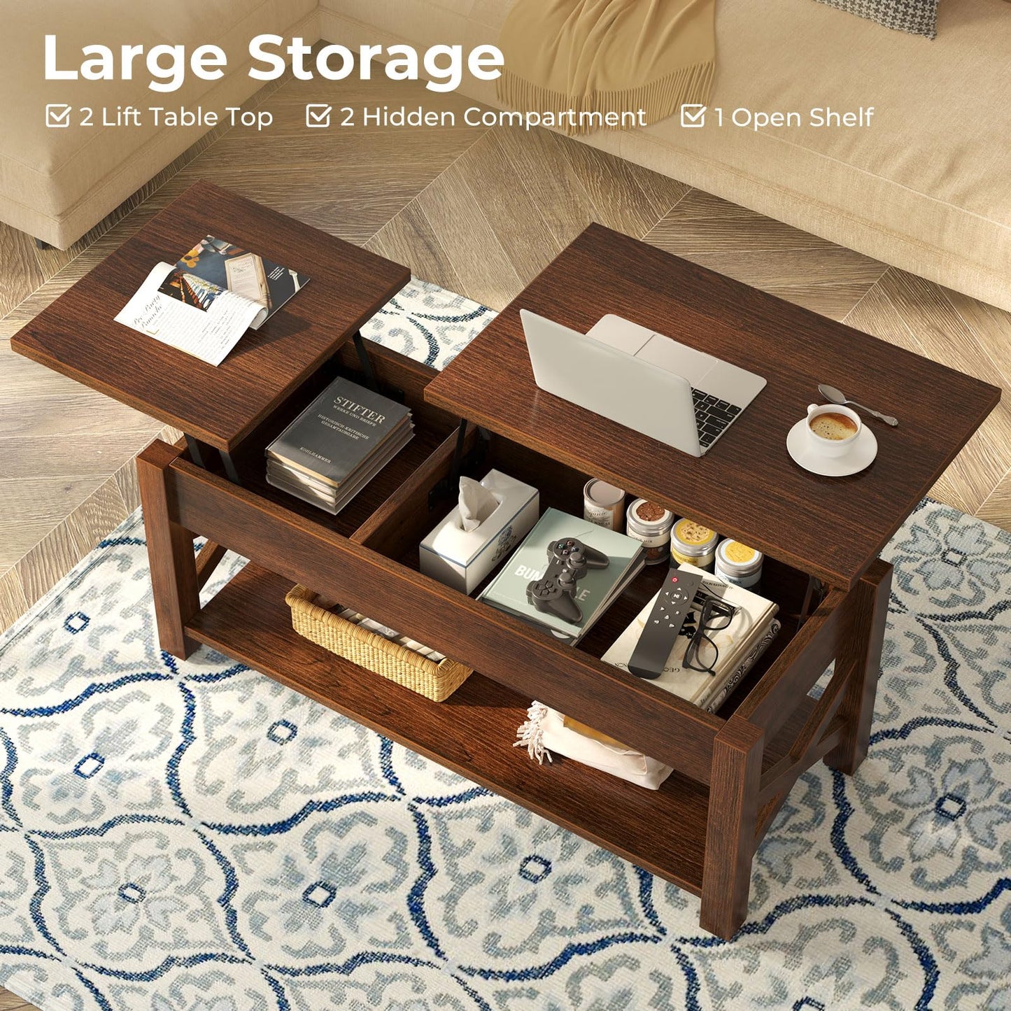 Rolanstar Coffee Table, 47.2" Lift Top with Hidden Compartment, 2 Way Lift Top Coffee Table with Open Shelf & X Wooded Support, Farmhouse Center Table for Living Room, Black