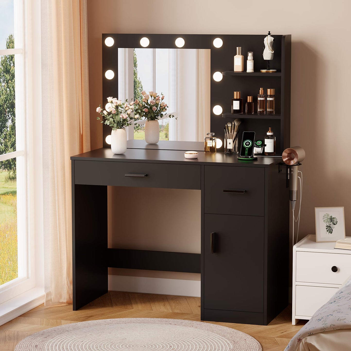 YESHOMY Vanity Desk with Mirror, 10 Lights, Power Outlet and 3 Storage Shelves, Makeup Table with 2 Drawers & 1 Cabinet, 3 Color Modes, for Bedroom, Black