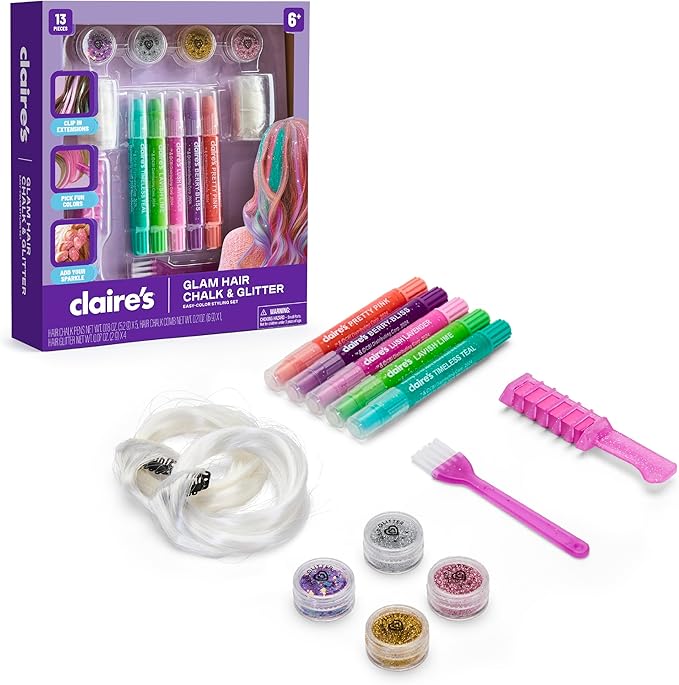 Claire's Hair Chalk & Glitter Styling Kit, 13-Piece Temporary Hair Color Set with Washable Chalk Pens, Glitter Gels, Clip-...