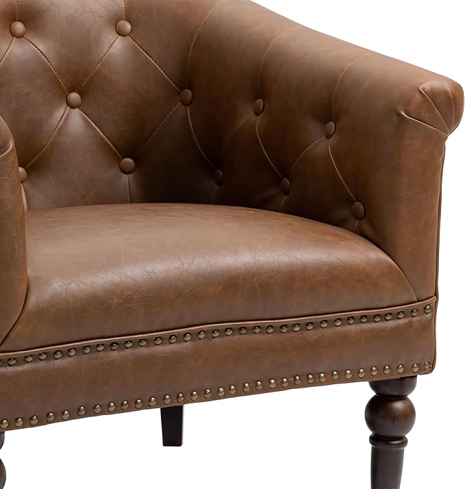 UIXE PU Leather Barrel Club Chairs Set of 2, Modern Arm Accnet Chair Comfy Upholstered Armchair, Nailhead Trim Living Room Single Sofa Reading Seat Bedroom Side Sitting for Office, Brown