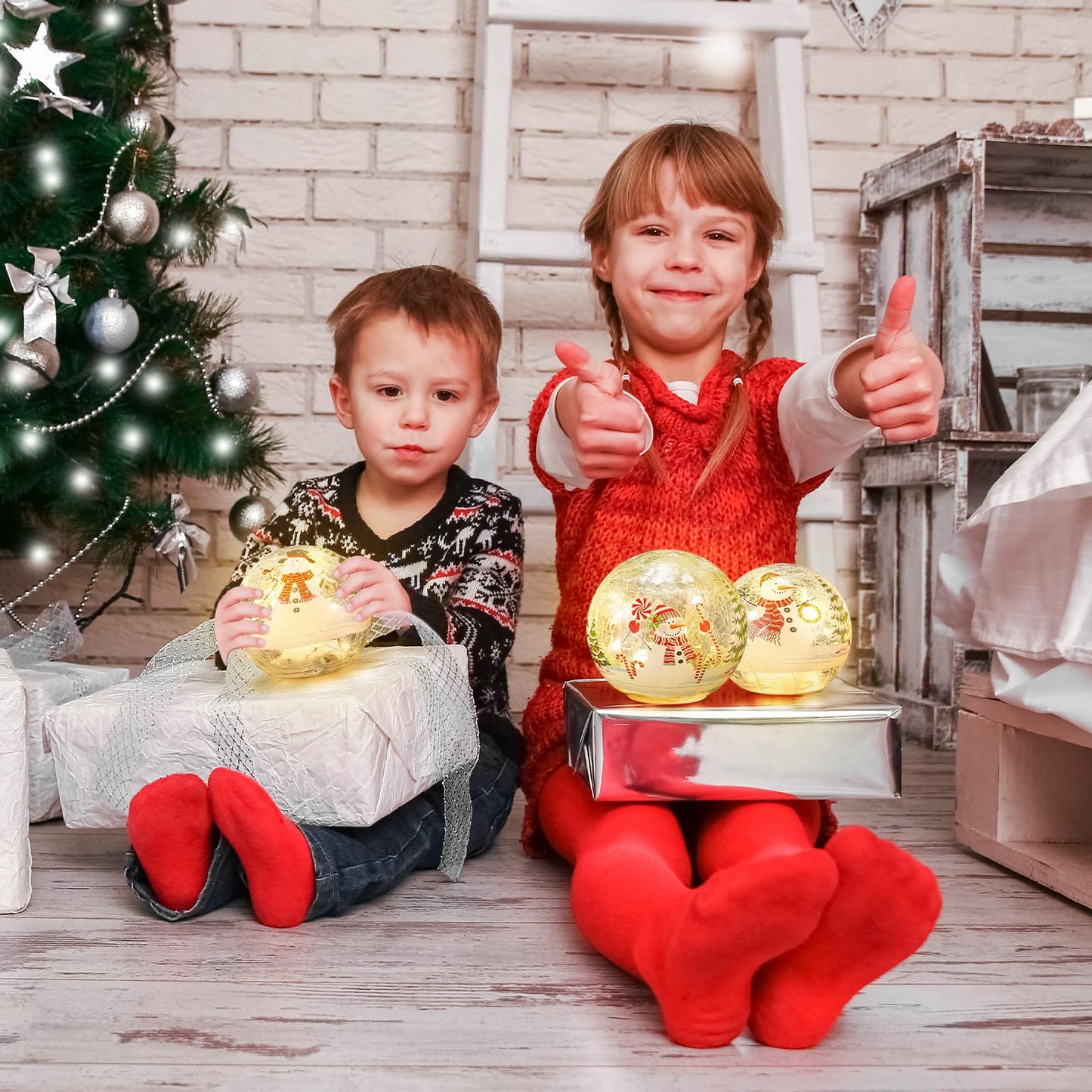 Soulchen 3 Pcs Christmas Decorations Indoor Snowman Globe Crackle Glass Ball Lamp with LED Lights Tabletop Xmas Decor Christmas Table Decorations for Home Fireplace Mantel