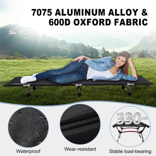 PACOONE 2-in-1 Ultralight Folding Camping Cot with Leg Extenders, Military Camping Cots Bed, Heavy Duty Folding Sleeping Camping Cot for Backpacking Hiking Travel Tent, Support 330 Lbs(Black)