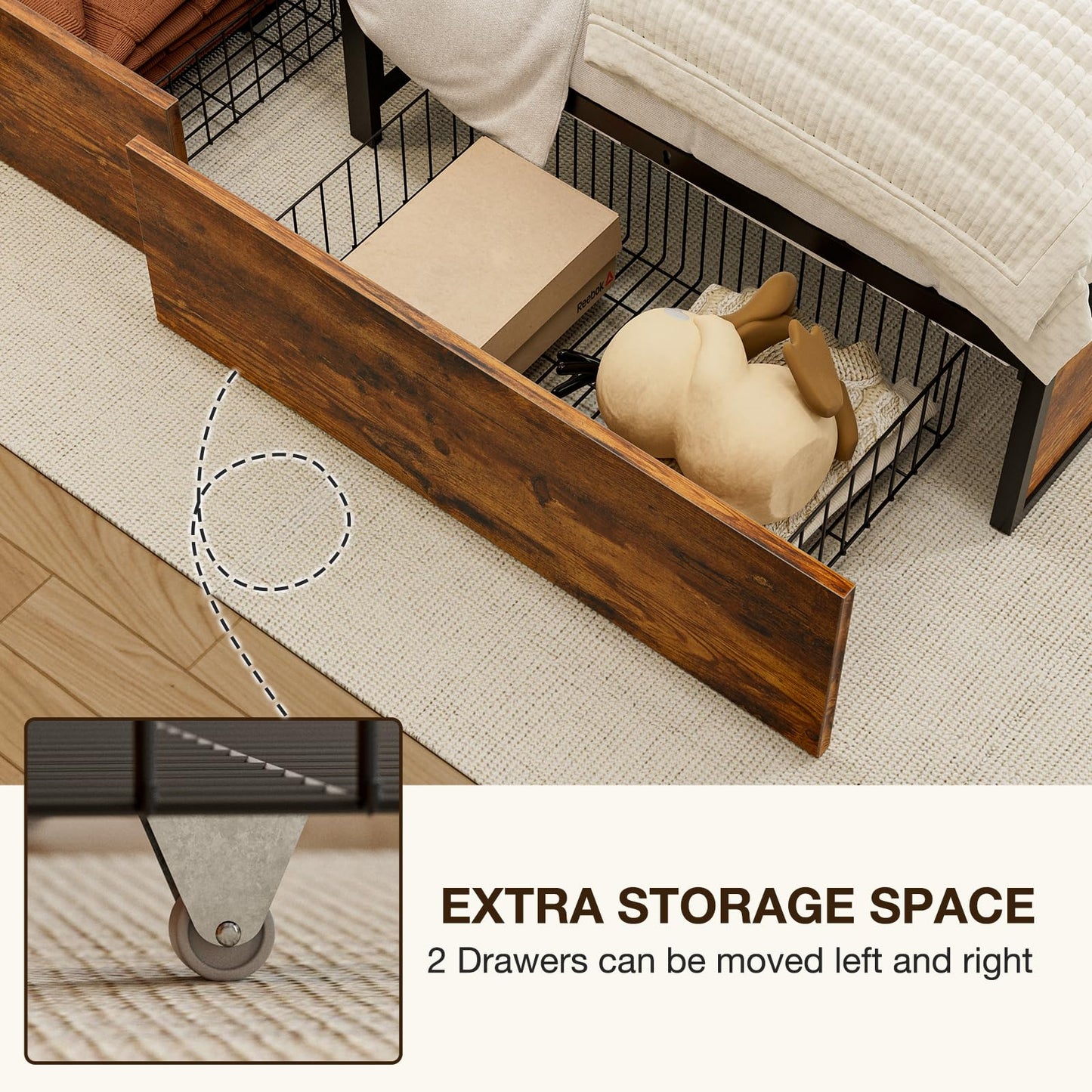 GAZHOME Twin XL Bed Frame with 2 XL Storage Drawers, Metal Platform Bed Frame with Footboard, 9 Strong Metal Slat Support/No Box Spring Needed/Easy Assembly/Space Saving Wood