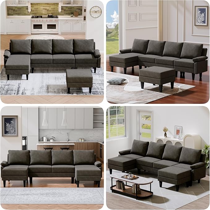 Topcomfy U-Shaped Sectional Couches for Living Room, Convertible 4 Seat Modular Sectional Sofa Set with Ottoman, Modern L Shaped Couch with Chaise for Bedroom Apartment and Office, Chenille Brown