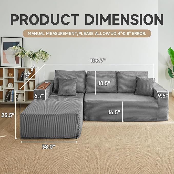 Modular Sectional Sofa Cloud Couch with Multi-Functional Armrests, Boneless Plush L-Shape Living Room Couch with Deep Seat, Fluffy Comfy Sleeper Sofa Easy Assembly (Gray, Right Chaise)