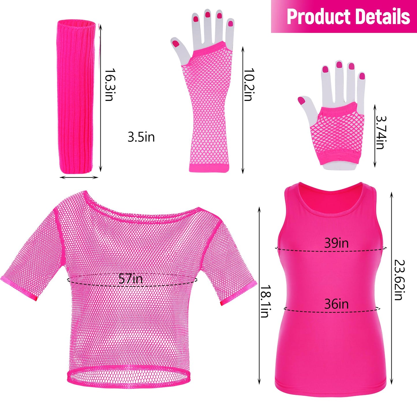 Ishua 8pcs 80s Fishnet Costumes, Women 80's Costume Neon Clothes Costume, Halloween 80s Women Costume (L)