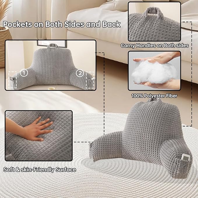PAJEO Reading Pillow for Sitting in Bed, Large Backrest Reading Pillow with Arm Rest,Back-Rest Support Cushion for Sit Up on Couch, Sofa, and Floor, Dorm Essentials (Grey Flannel, Standard(17inch))