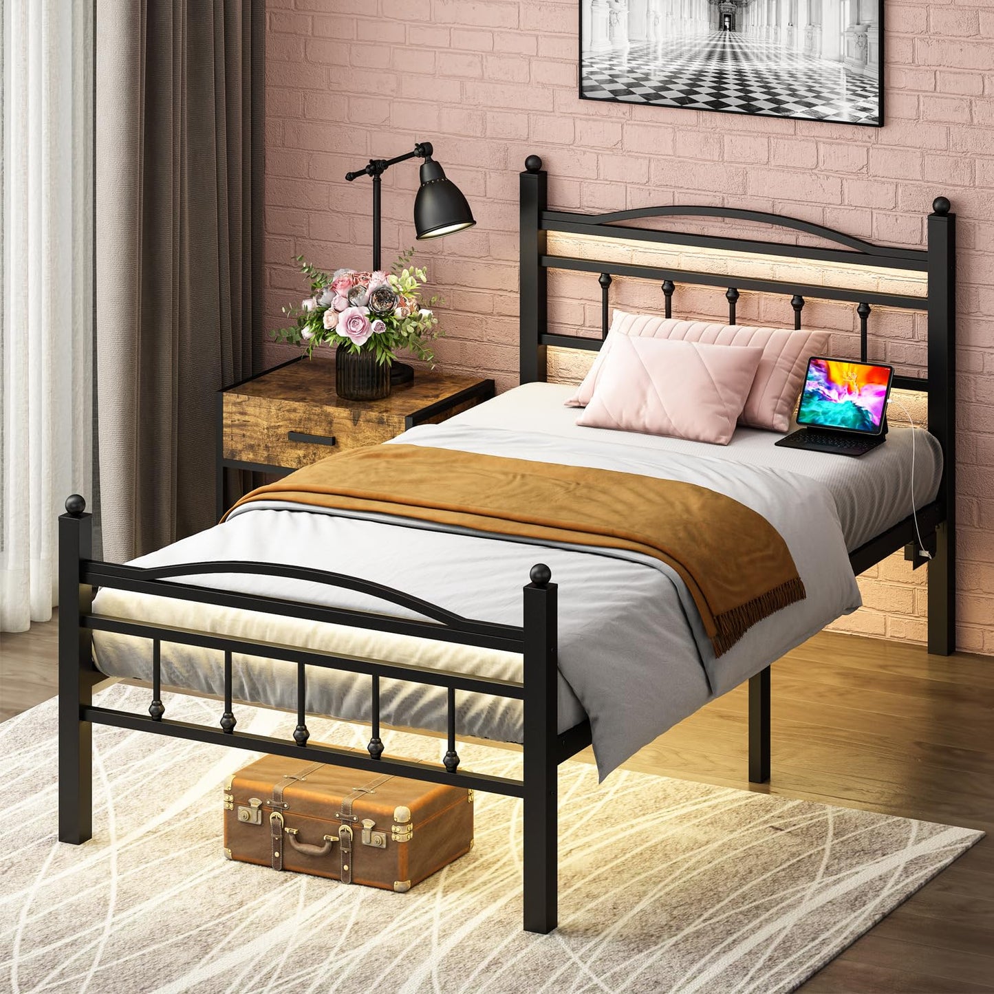 Jenmit Twin Bed Frames with Headboard, LED Bed Frame with Charging Station, Metal Platform, Under-Bed Storage, No Box Spring Needed, Noise Free, Easy Assembly, Black