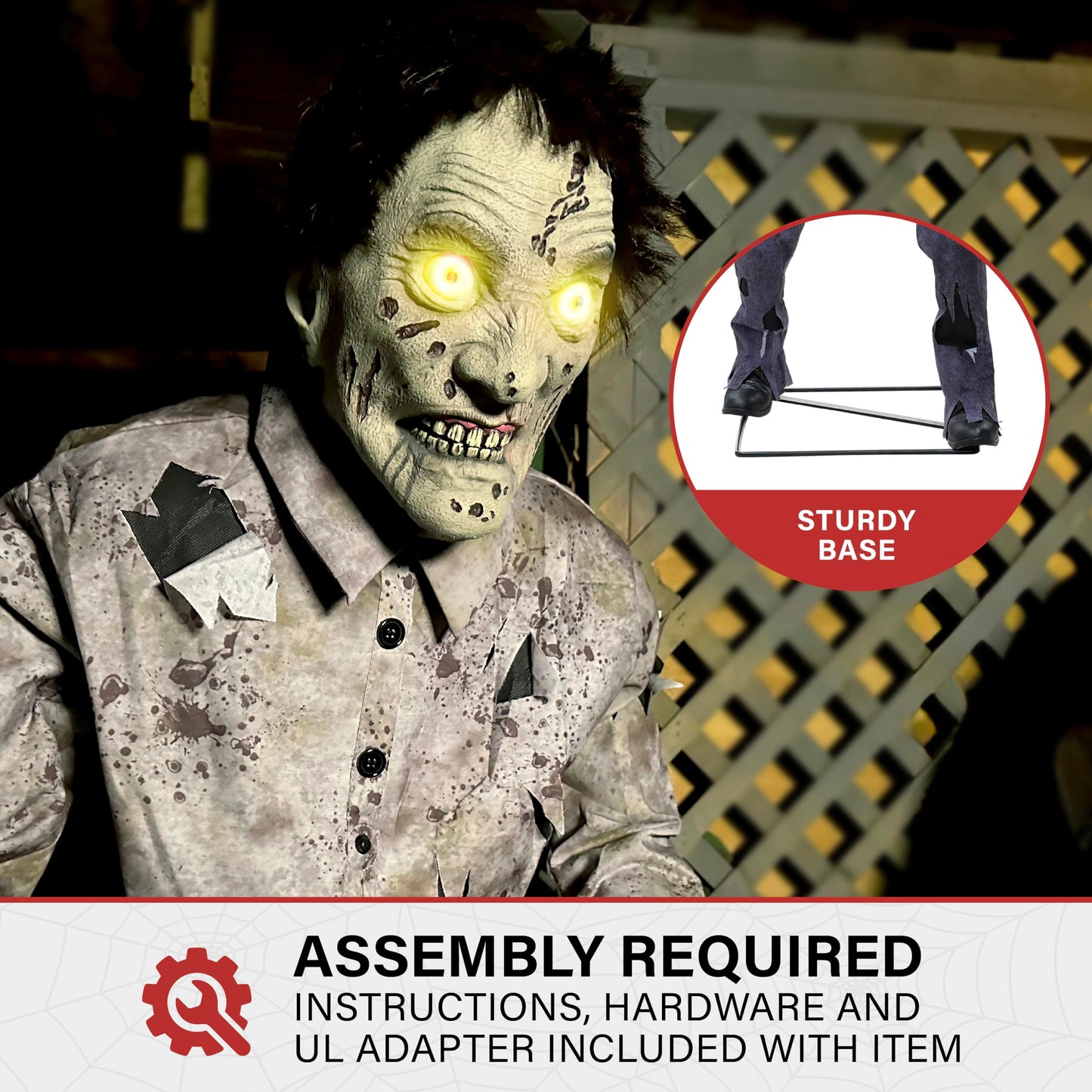 Haunted Hill Farm Motion-Activated 6-Ft. Tall Guard Zombie, Plug-in Scare Prop Animatronic with Spooky Sound Effects and Lights for Indoor or Covered Outdoor Creepy Halloween Decoration