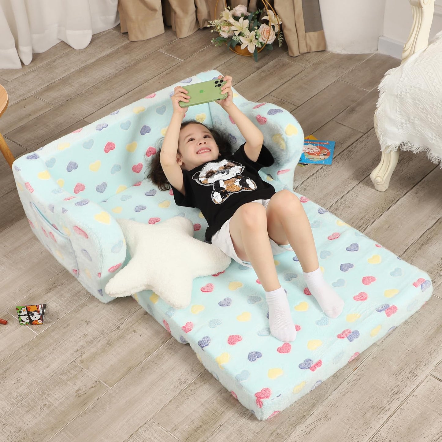 MOMCAYWEX Extra Wider Seating Toddler Couch, 2-in-1 Toddler Soft Couch Fold Out with Star Pillow, Convertible Sofa to Lounger for Girls and Boys