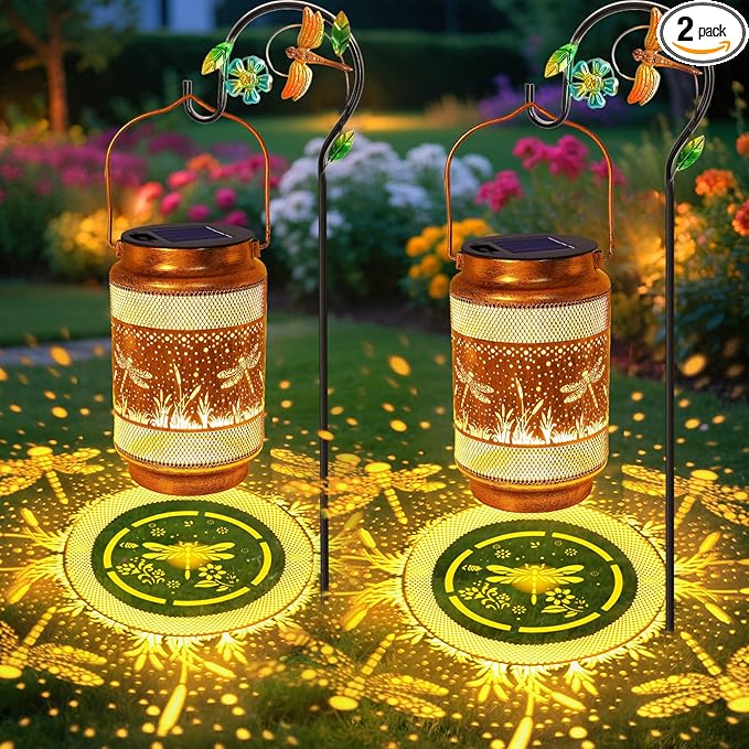 2 Pack Dragonfly Solar Lanterns Outdoor Waterproof Solar Garden Decor, Birthday Gifts for Women Mom Grandma, Metal Hanging Lights with Shepherd Hook for Outside Yard Patio Pathway Porch