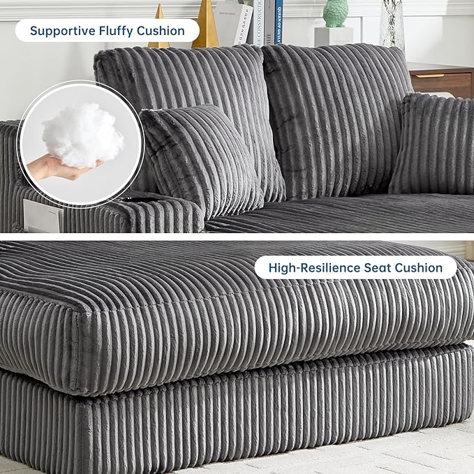 Asukale 60" Oversized Chaise Lounge Chair Indoor, Boneless Cloud Chair Bed with 4 Pillows & Armrests, No Assembly Corduroy Upholstered Sofa for Living Room, Bedroom, Apartment(Dark Grey)