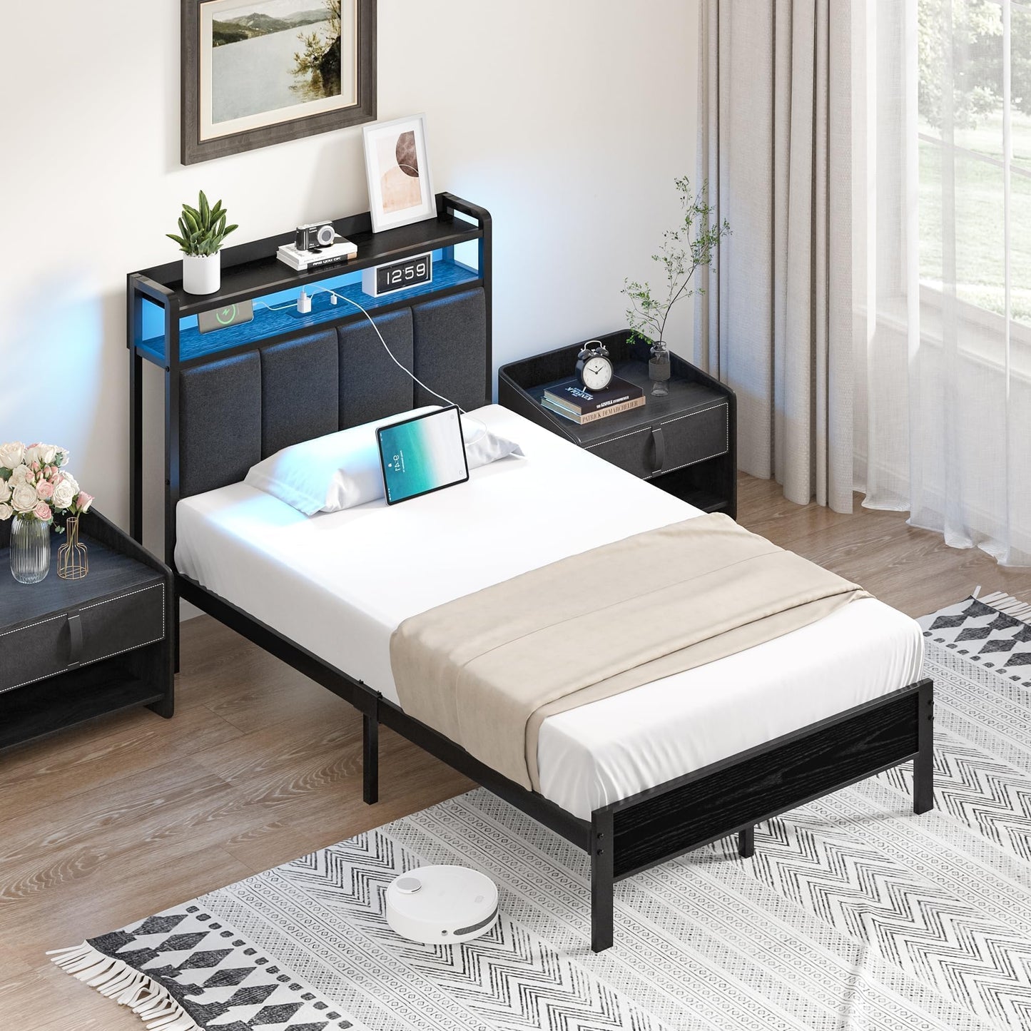 Twin Size Bed Frames with LED Lights and Storage, Metal Platform Bed Twin with Upholstered Headboard and Charging Station, Heavy Duty Metal Slats, No Box Spring Needed, Easy Assembly, Dark Grey