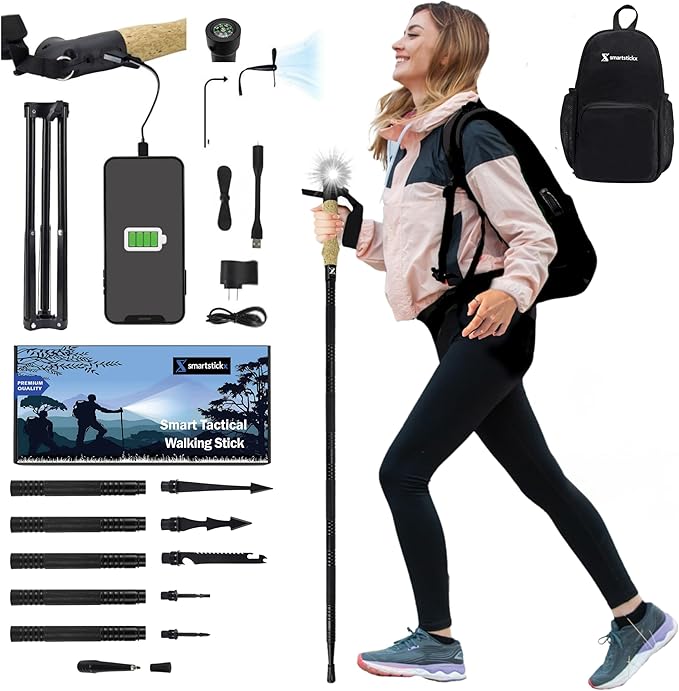 SmartstickX Collapsible Tactical Walking Stick with LED Light, USB Charging, Cork Grip, and Survival Tools – Aircraft Alum...