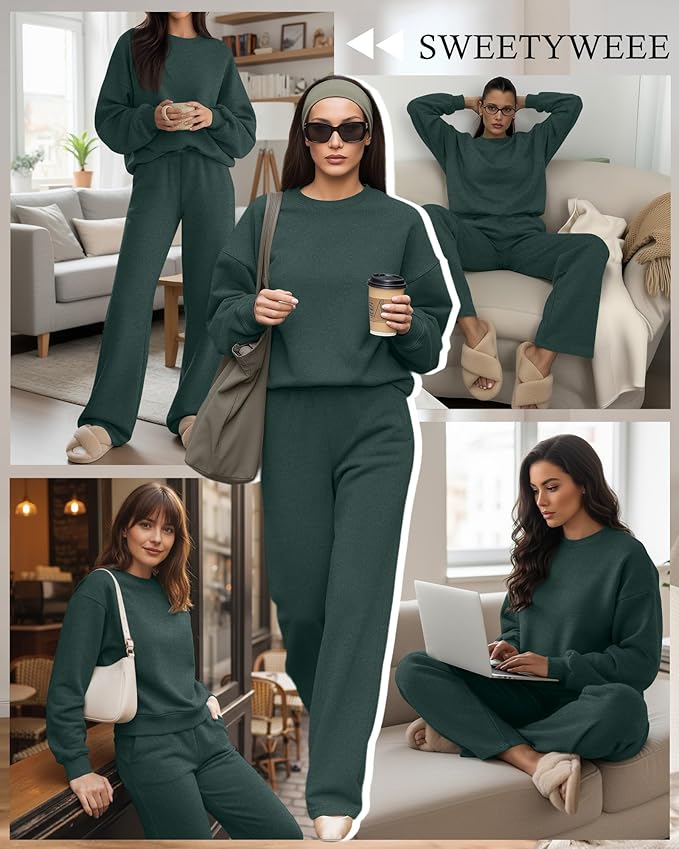 Sweetyweee Women's 2 Piece Outfits Set Fleece Lined Lounge Sweatsuit Crewneck Pullover Top Wide Leg Pants Casual Tracksuit