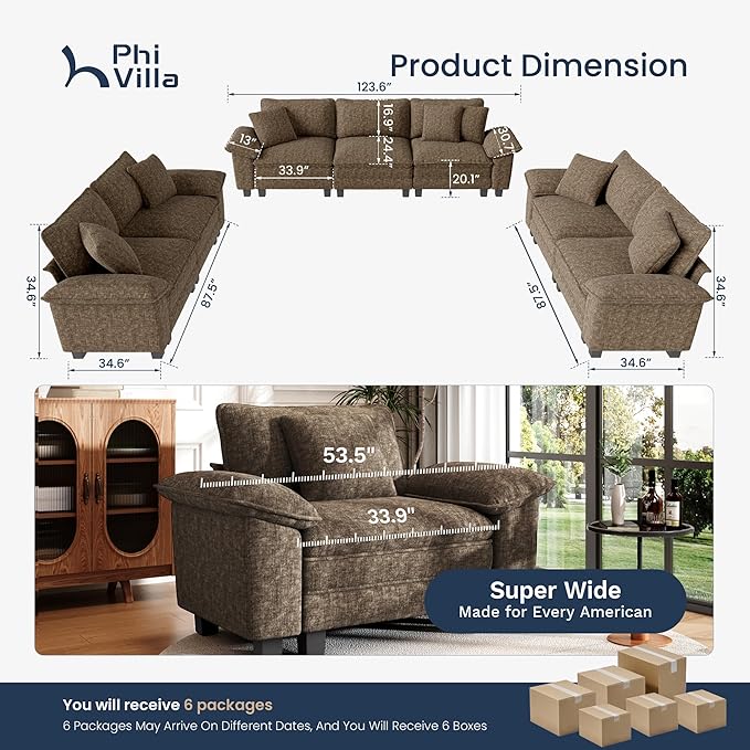 PHI VILLA Cloud Modular Couches Sets, 3 Pieces Large Sectional Sofa Set with Loveseats, 7-Seater Upholstered Couch for Living Room, Chenille Fabric, Taupe