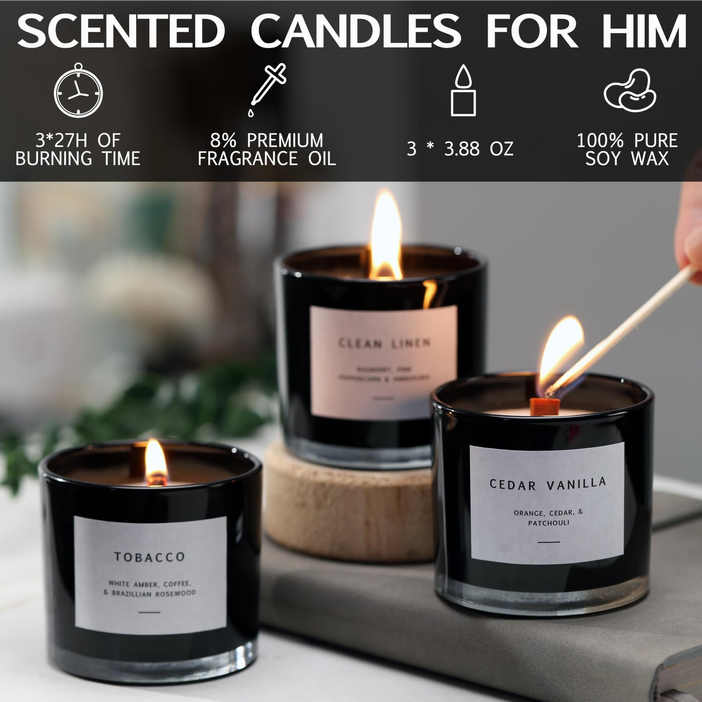 Scented Candles for Men – Masculine Candle Gift Set of 3 with Tobacco, Cedar Vanilla & Clean Linen – Luxury Black Candles Gift Box, Birthday Gifts for Men, Candles for Boyfriend, Christmas Gifts