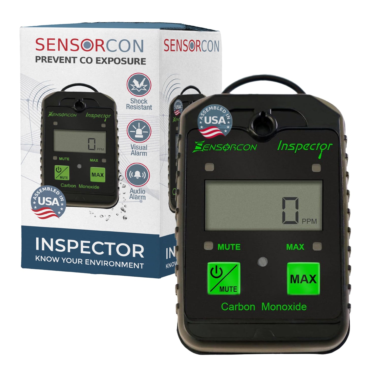 Sensorcon Inspector Portable Carbon Monoxide Detector with Visual and Audio Alarms – Waterproof Digital CO Detector for Personal, Ambient, and Combustion Monitoring