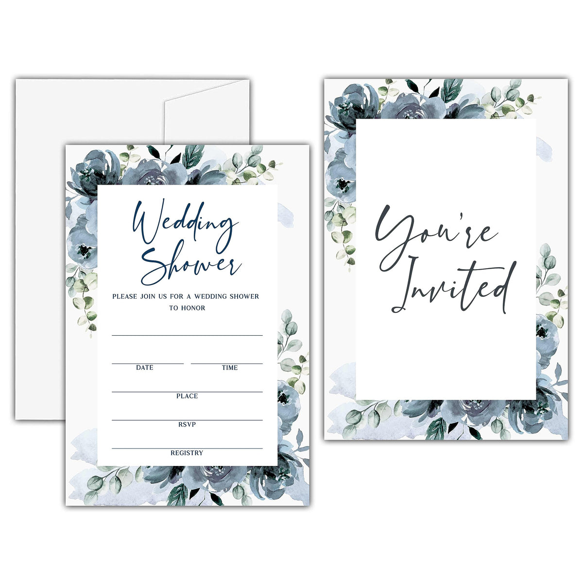 Dusty Blue Floral Wedding Shower Invitations - Elegant Bridal Shower Invites - Watercolor Bridal Brunch Invitation - Dusty Blue Roses Couples Shower, Engagement Party Supplies (25 Set of Invitations