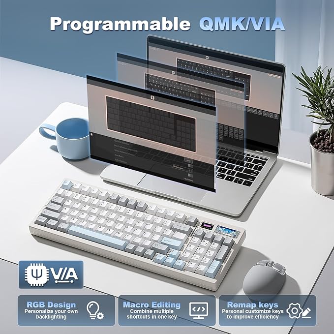 YUNZII IF99 Wireless Mechanical Gaming Keyboard with Smart LCD Display, QMK/VIA Programmable BT/2.4G/USB-C Gasket Mounted Hot Swap RGB 96% Layout for Mac/Win (White, Gateron Zero Switch)