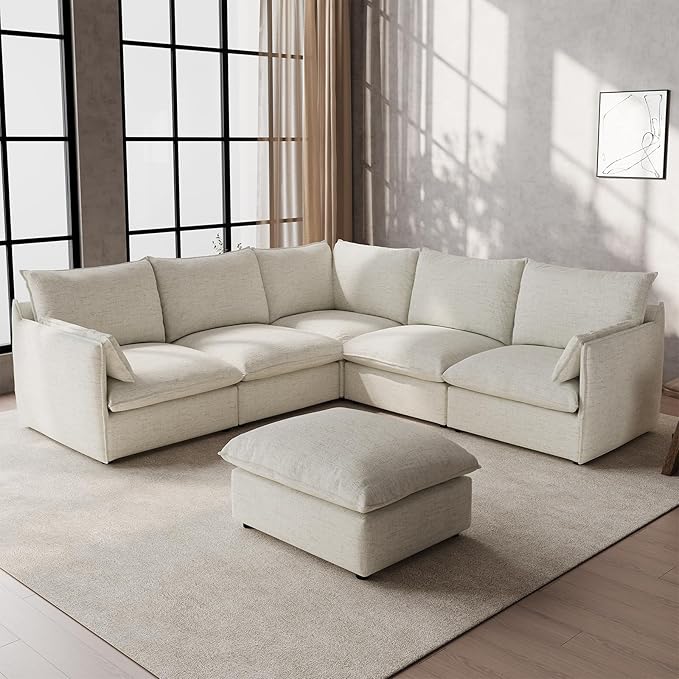 Gtilzria Cloud Sectional Couches for Living Room,High Backrest Down Filled Spill & Stain-Resistant Cloud Couch,6 Seater Oversized Modular V-Shaped Sofas,Removable Washable Cushion Covers,Cream White