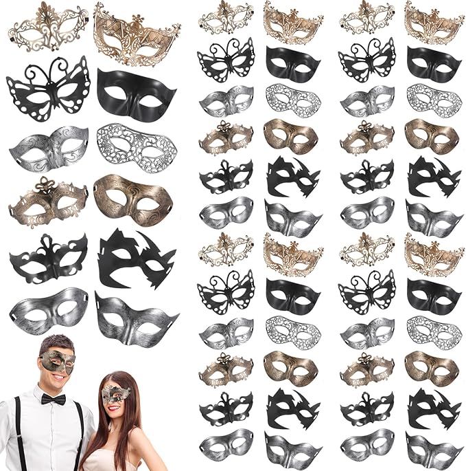 Chivao 60 Pcs Couple Masquerade Mask for Women Men Bulk Unisex Vintage Venetian Mask for Graduation Prom Ball Antique Costume