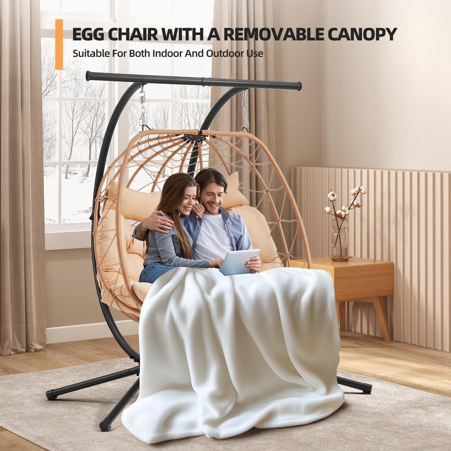 YOLENY Oversized Double Egg Chair with Adjustable Canopy, Patio Hanging Swing Chair, Hammock Chair with Cushion