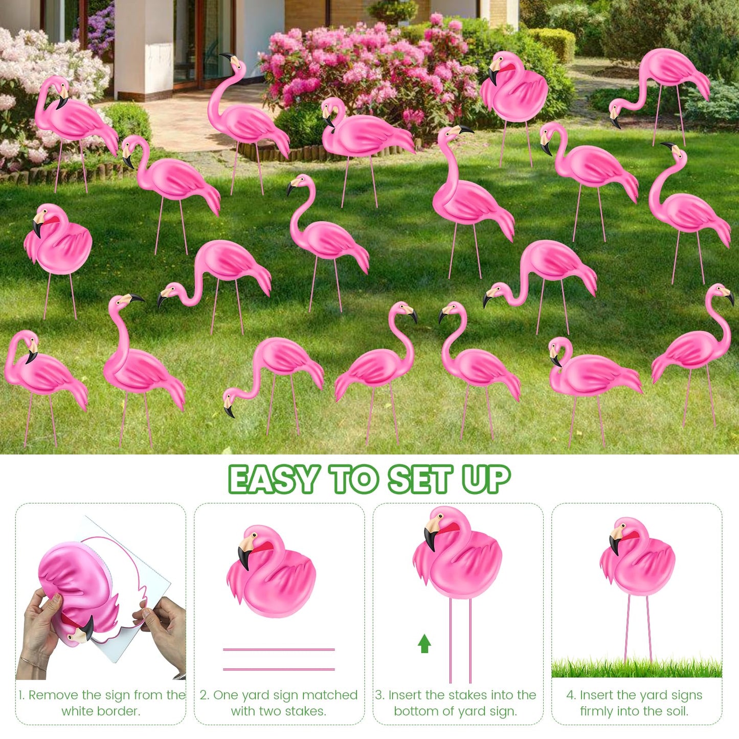 Subacy 20 PCS Pink Flamingo Yard Signs with 40 Stakes Summer Beach Flamingo Lawn Sign 10 Styles Tropical Yard Lawn Patio Decorations Party Supplies(Normal)