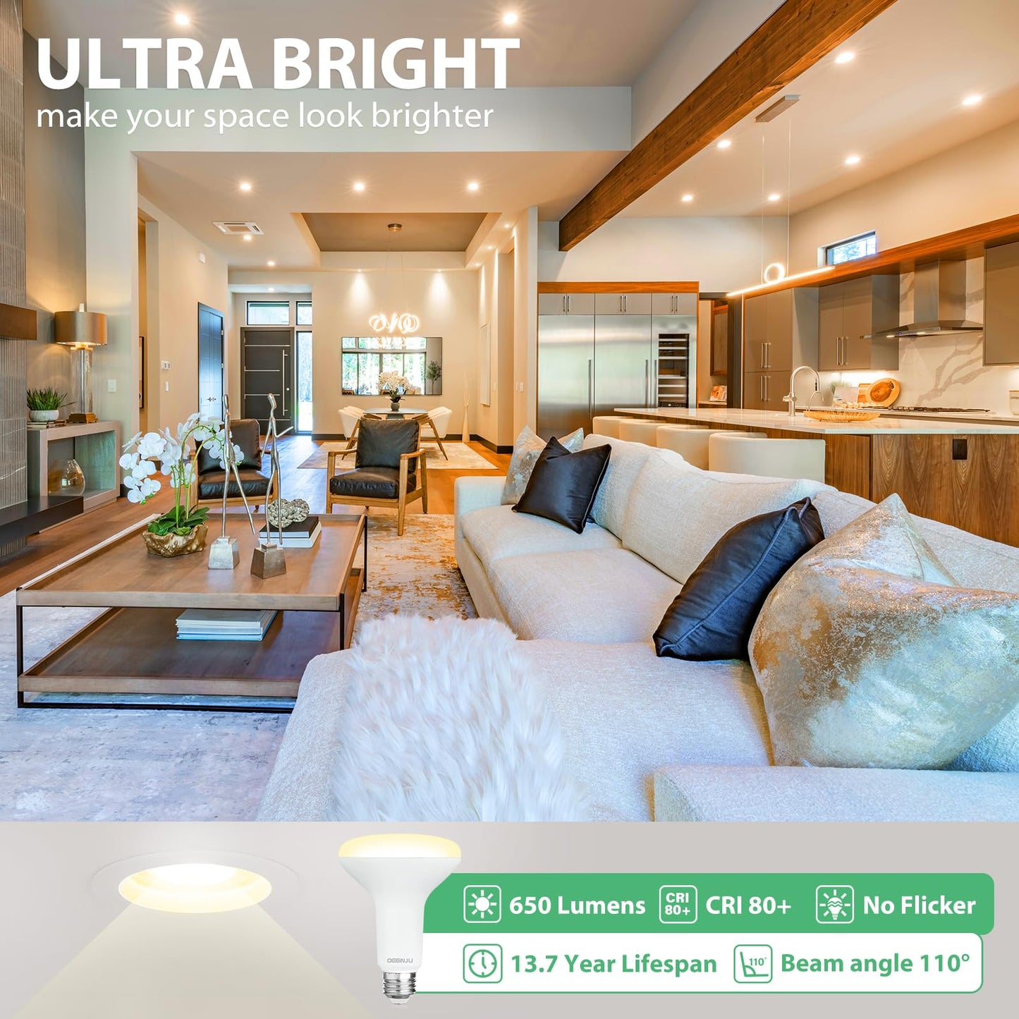 DEGNJU BR30 LED Bulb, Dimmable Flood Lights Indoor CRI80 7W Equivalent 65W 2700K Soft White 650 Lumens, 15000 Lifetime Hours Recessed Light Bulbs, Interior E26 Base LED Can Light Bulbs, 3 Pack