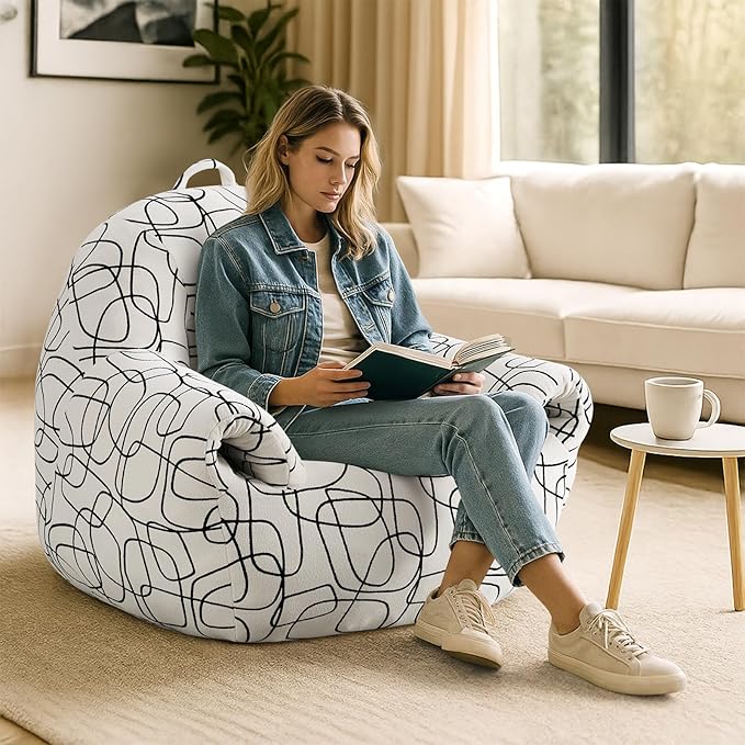 Peace nest Bean Bag Chair with Memory Foam Filled Ultra Soft Jacquard Pattern Cover for Adults Comfy Fur Bean Bag Chairs with Armrests for Bedroom Living Room Office Dorm Reading Lines