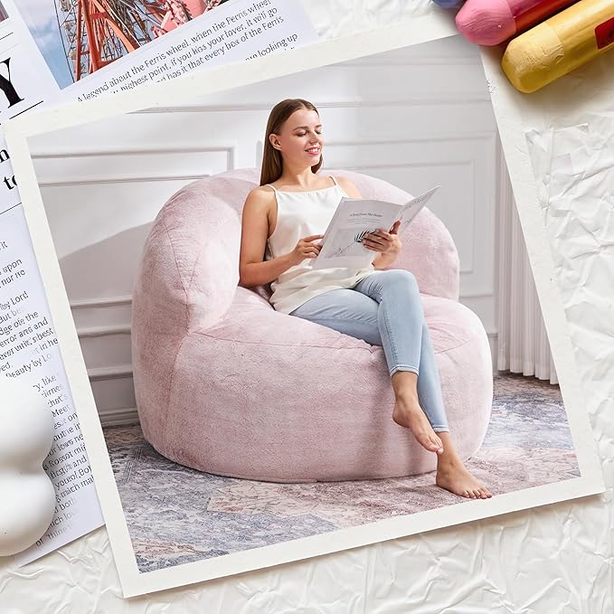 Hobestluk Bean Bag Chair Giant Bean Bag Chairs for Adults Big Bean Bag Chair with Memory Foam Filler Adults Large Beanbag with Faux Fur Cover for Bedroom (Plush Pink,Large)