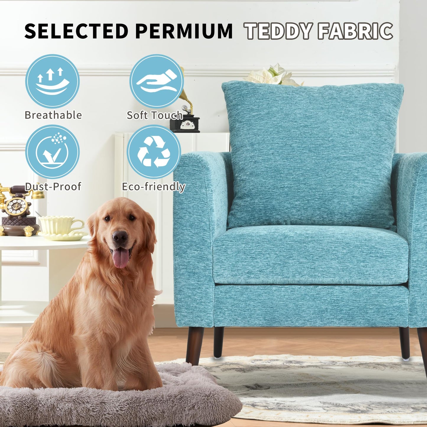 QKFF Barrel Accent Chair with Back Pillow, Large Upholstered Armchair with Solid Wood Legs Modern Reading Chairs for Living Room Bedroom
