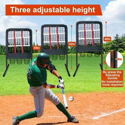 9 Hole Pitching Net with Strike Zone and Handbag, Fixed by 4 Ground Stakes & 2 Sandbags. Adjustable Heights (39-46in) for Pitching Target Net, Softball Training