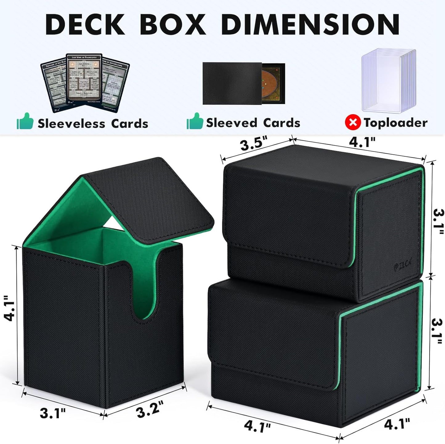 ZLCA Card Deck Box for MTG, Yugioh Deck Case Holds 100+ Single Sleeved Cards, PU Leather Magnetic Storage Box Fits for CCG TCG Sport Card (Black& Dark Green)