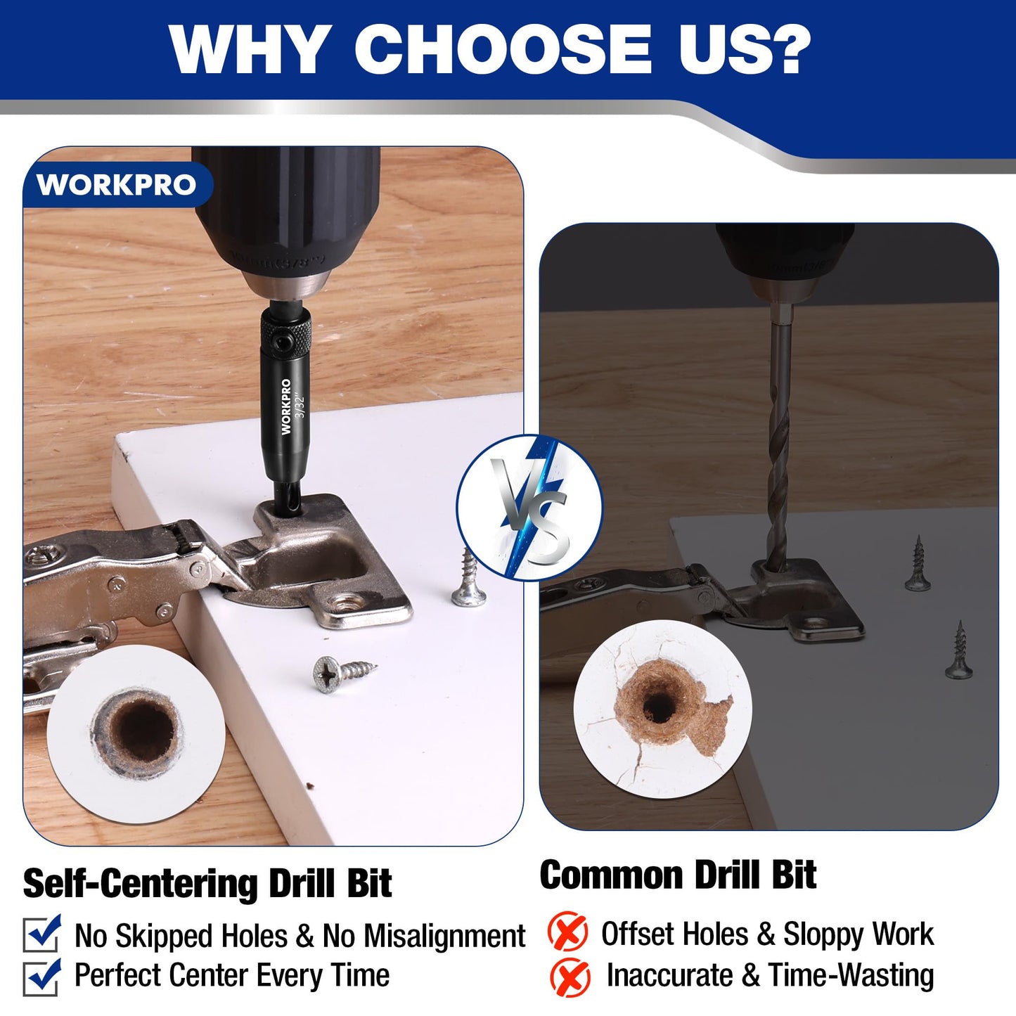 WORKPRO 3-Piece Self Centering Drill Bit Set, Durable HSS VIX Bit with Hex Key, 3/32”, 7/64”, 1/8” Center Drill Bits, 1/4 Inch Hex Shank for Precise Cabinet and Door Installation