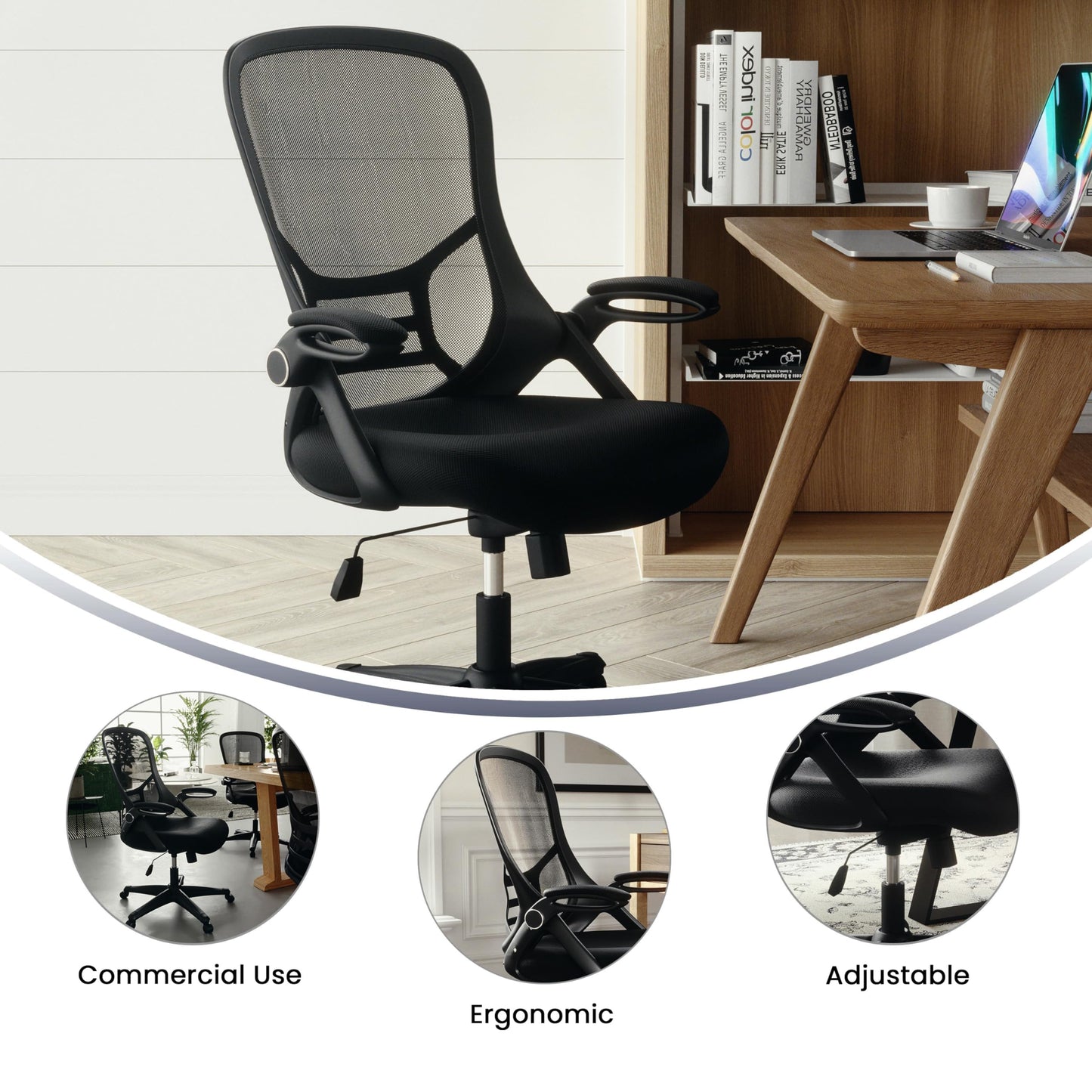 Flash Furniture Porter High Back Black Mesh Ergonomic Swivel Office Chair with Black Frame and Flip-up Arms