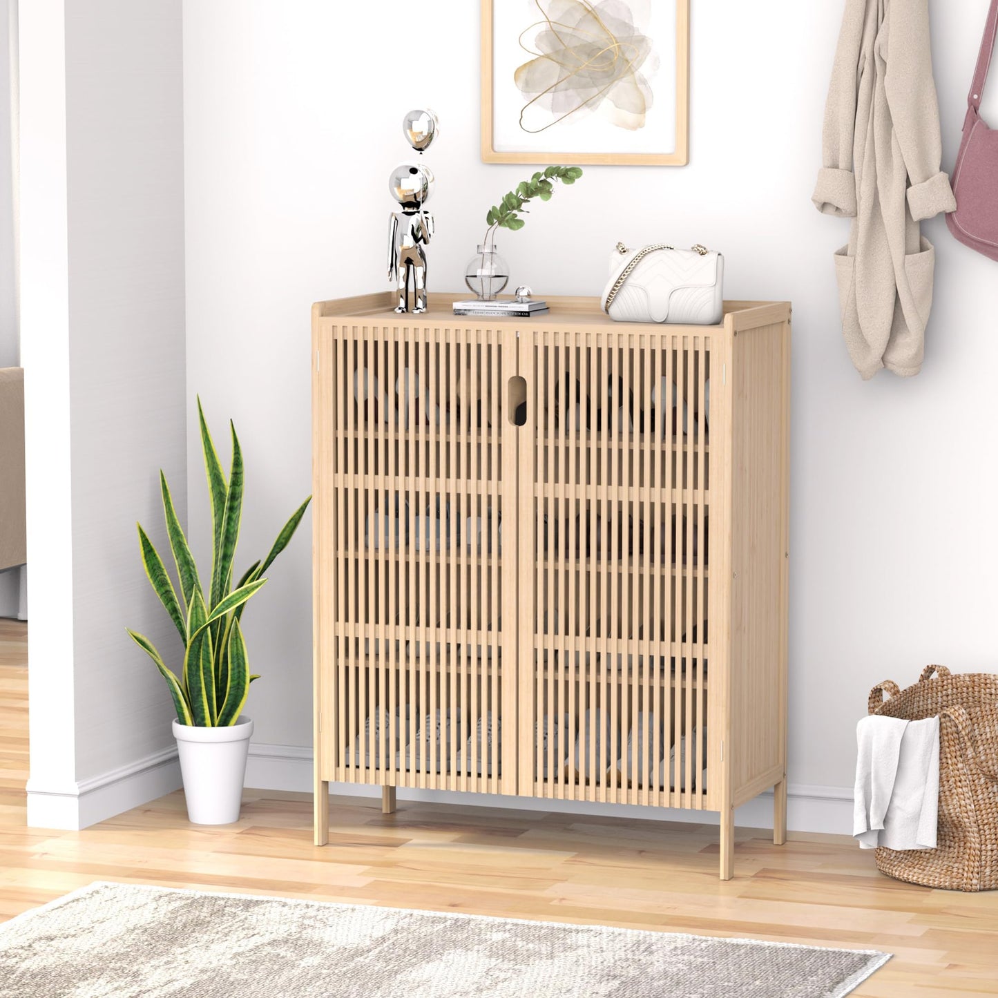 Bamboonova Shoe Cabinet, 20 Pair Farmhouse Shoe Organizer Cabinet, Freestanding Bamboo Wood Shoe Storage Cabinet with Grille Doors, 5-Tier Narrow Shoe Cabinet for Entryway Hallway, Natural