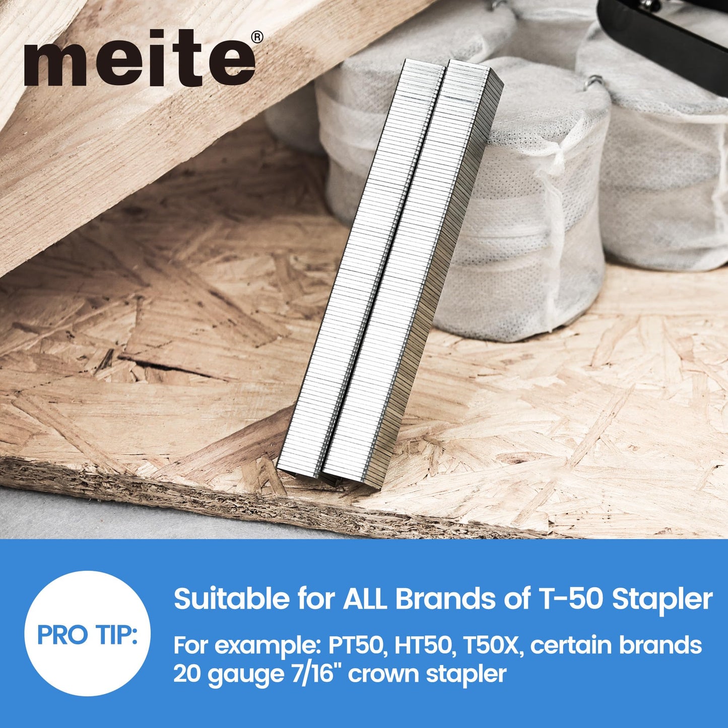 meite Heavy Duty Staples, 1/4 Inch Length T-50 Staples for Staple Gun, Galvanized, 20 Gauge 3/8" Crown, Compatible with T-50 Staple Gun, Ideal for Upholstery, Construction, Furniture (1,512 Counts)