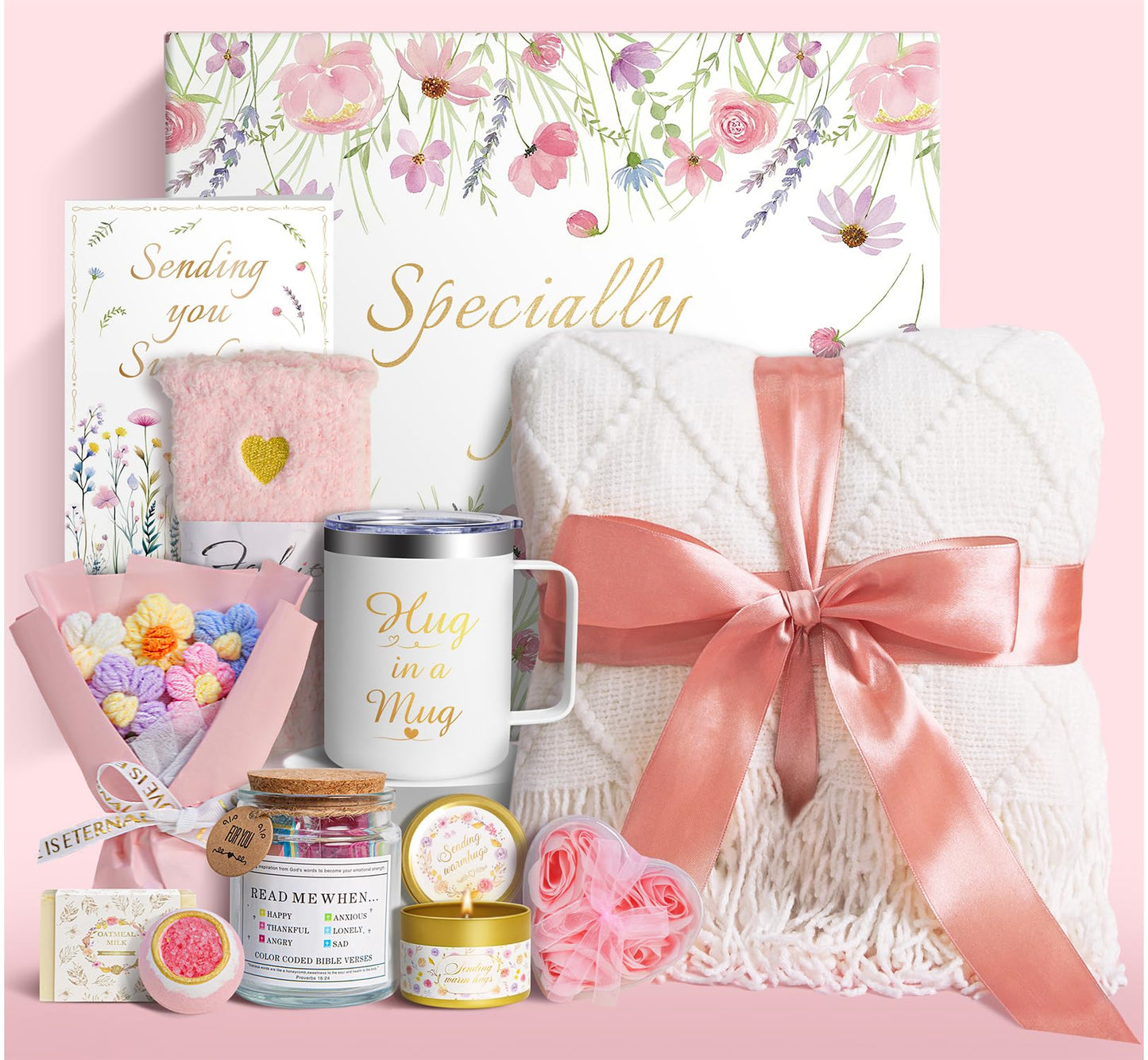 Gift Baskets for Women, 11 PCS Unique Birthday Gifts for Women, Self Care Gift Baskets, Thank You, Get Well, Sympathy Inspirational Friendship Gifts for Mom,Grandma, Sister,Friends (Pink)